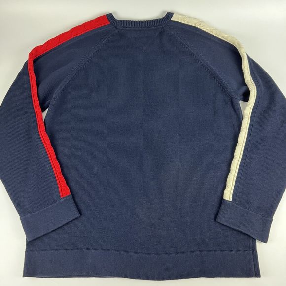 Vtg Y2K Tommy Jeans Cable Knit Stripe Sleeves Navy Blue Men’s XL Oversized Logo - Picture 2 of 15